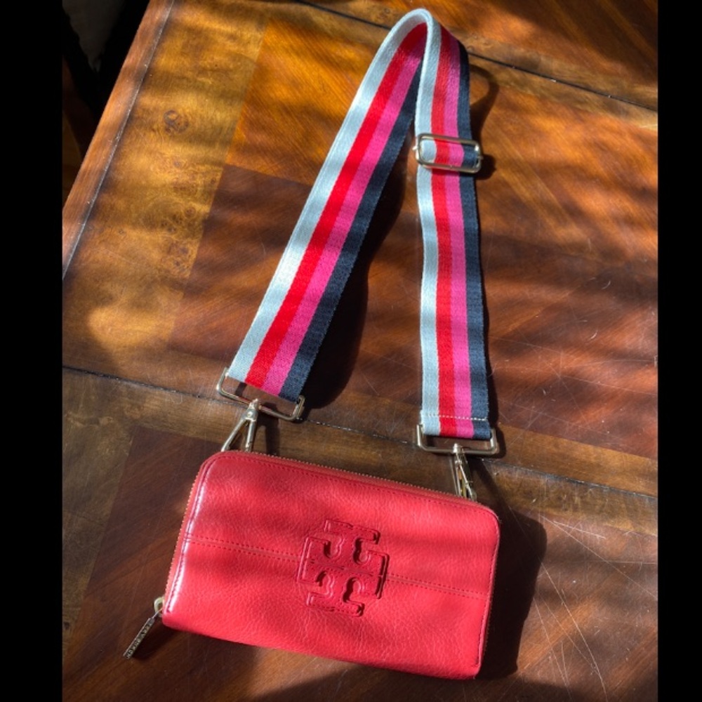Tory Burch Red Leather Crossbody Wallet with Multicolor Stripe Strap